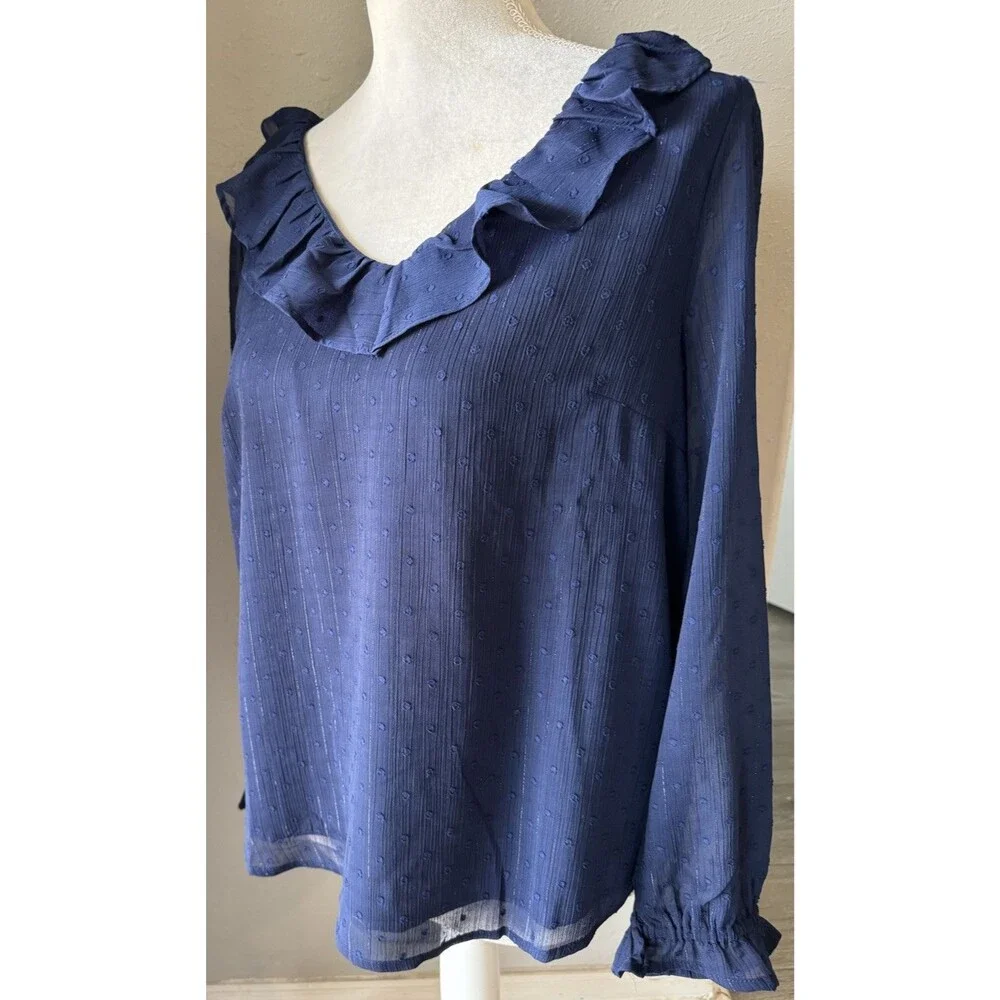 J. CREW V-neck shimmery clip-dot Navy Blue  Lined ruffleneck top Small